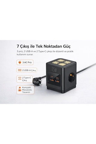 3680w 3 Lü Çoklu Priz 2 Usb 2 Type-c Gece Işıklı Masaüstü Küp Priz Şarj İstasyonu 1 - 3 M