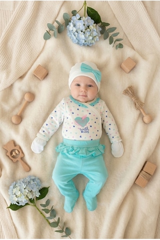 Bambık İmajbebe %100 Pamuk Kalp Motifli 10'lu Kız Bebek Hastane Çıkışı Seti Beyaz Beyaz