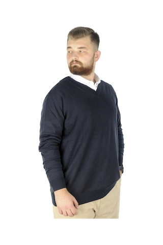 Mode Xl Büyük Beden Kazak V Yaka 22206 Lacivert 001