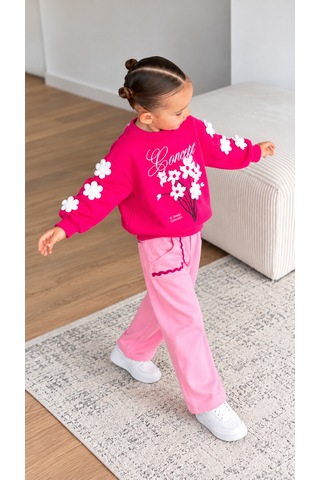 Elzo Collection Kız Çocuk Ön Ve Kolları Çiçek Aplikeli Sweatshirt Gabardin Denim Kot Alt Üst Takım Çok Renkli