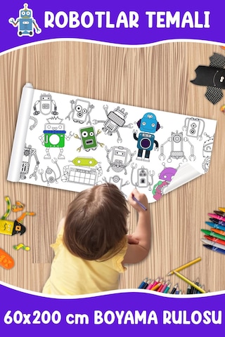 Melolisa Robotlar Temalı Dev Boyama Rulosu Bebek Ve Çocuk Için Eğitici 60x250 Cm Aktivite Kağıdı