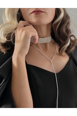 Gümüş Kaplama Rhinestone Y Model Su Yolu Model Kolye Gümüş