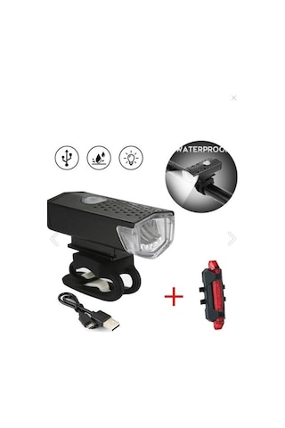 Sarissa Bisiklet Lambası Feneri Şarjlı Ön Far Arka Stop Aydınlatma Seti Gri - Siyah