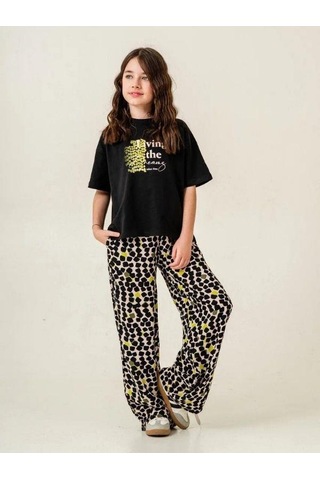 Kız Çocuk Pamuklu Desenli Pantolonlu Takım-15883 Siyah