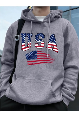 Tarzsokak Abd Amerika Bayrağı Baskı Erkek Tişörtü Kış Polar Sıcak Kapüşonlular Temelleri Büyük Boy Cep Gri