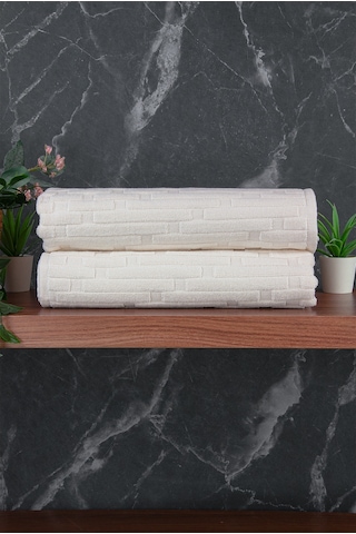Tuğla Desenli 2li Ayak Havlusu - 50x70 Cm - Su Emici Banyo Paspası Seti - Beyaz Beyaz