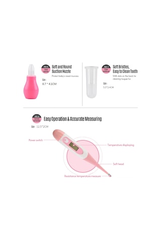 Vkemall Bebek Bakım Seti 8 Parça - Tırnak Kırıcı, Fırça, Tarak, Burun Emici, Termometre + Saklama Kutusu Pembe