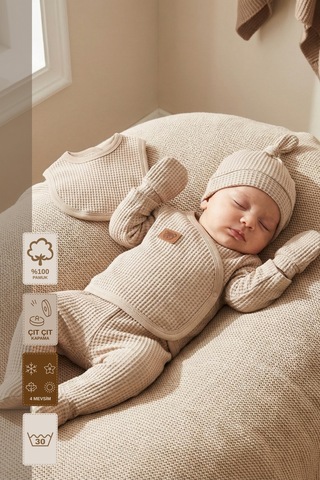 Minory Baby - %100 Pamuk 5'li Hastane Çıkışı Seti Yenidoğan 5'li Set Waffle Kumaş Battaniyesiz Kahverengi Kahverengi