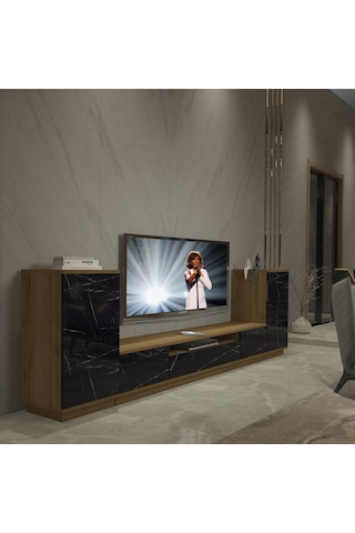 Decoraktiv Trio On2s Mdf Tv Ünitesi Tv Sehpası - Pera Siyah Mermer Safir Meşe - Royal Mermer