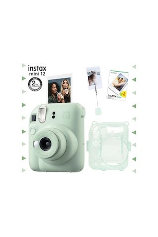 Fujifilm Instax Mini 12 Fotoğraf Makinesi + 20'li Film + Kıskaçlı Resim Standı + Simli Pleksi Kılıf Seti Yeşil