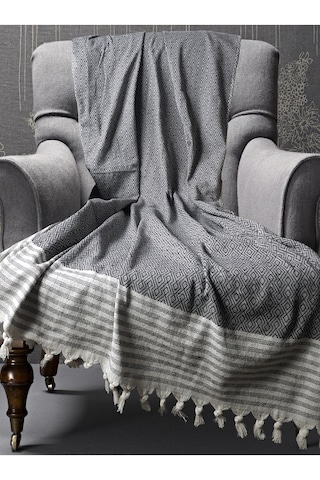 Buldan İşi Pamuklu 2'li Berjer Koltuk Örtüsü Seti 180x150 Cm - Kolları Örten Dokuma Kumaş Antrasit