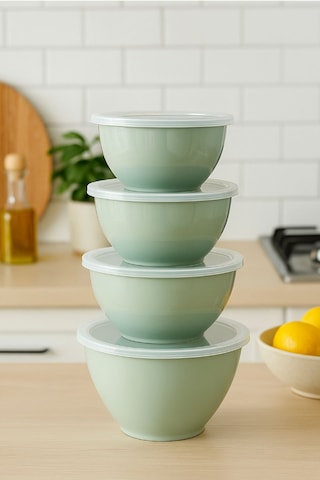 4 Lü Yuvarlak Kase Seti Mint Yeşili 1l, 1.5l, 2.3l, 3.3l Kapaklı Çok Amaçlı Mutfak Saklama Kabı Yeşil