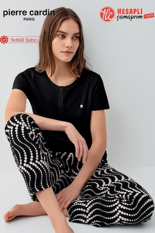 Pierre Cardin Premium Kadın Büyük Beden Modal Pamuklu Rahat Kalıp Kısa Kollu Pijama Takım Siyah