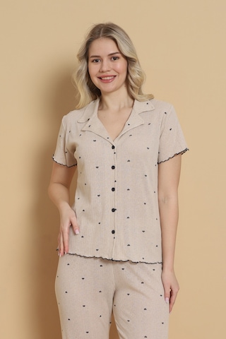 Wordex Mirano 1712 Minik Kalp Desenli Pointel İnce Kumaş Düğmeli Kısa Kollu Kadın Pijama Takımı Bej