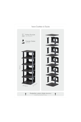 Lexroo Modern 5 Katlı Ayakkabılık, Portatif Ayakkabı Rafı, Kolay Kurulum, 76x24.5x27.5 Cm Çok Renkli