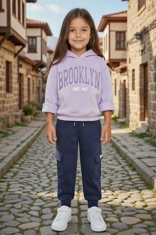 Riccotarz Kız Çocuk Göğsünde Brooklyn Yazı Baskılı Ve Kanguru Cepli 3 İplik Lila Eşofman Takım Lila