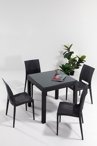 Rattan Camlı 80x80 Bahçe&balkon&teras Masa Seti - Antrasit Gri