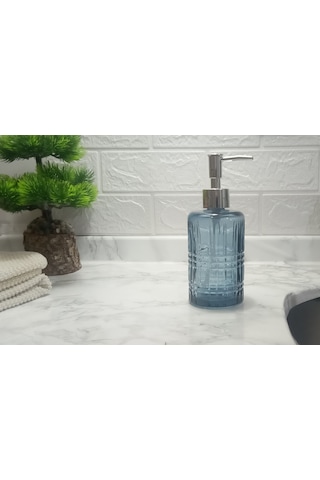 Cam Sıvı Sabunluk,kristal Desenli Mavi 300ml Banyo Seti 6,8x17,