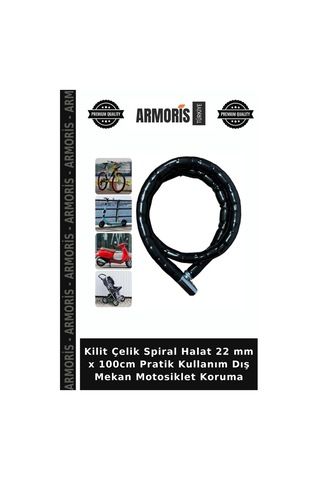 Kilit Çelik Spiral Halat 22 Mm X 100cm Pratik Kullanım Dış Mekan Motosiklet Koruma