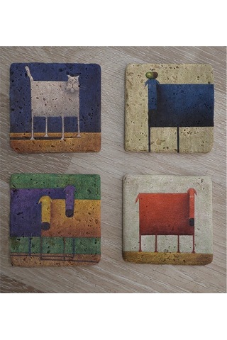 Kedi Köpek Ve Sevimli Hayvanlar Doğal Taş Bardak Altlığı 4'lü Set Taş Çok Renkli