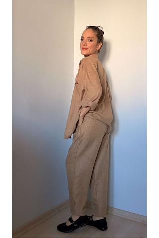 Ali Butik Kahverengi Keten Gömlek Pantolon Takım Kahve