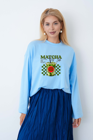 Medinenur Kadın Matcha Baskılı Oversize Geniş Kollu Body Mavi