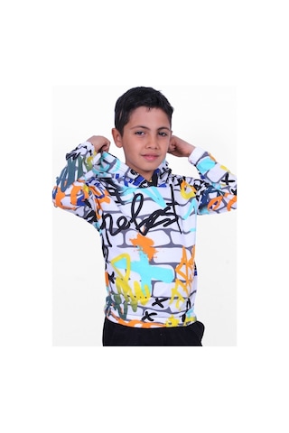 Beyaz Desenli Kapşonlu Unisex Sweatshirt Beyaz