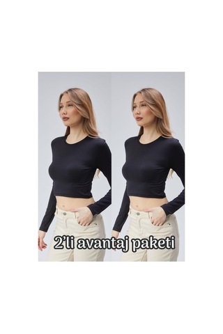 Virago 2'li Soft Touch Yuvarlak Yaka Crop Uzun Kol Bluz/body Siyah - 687153485 Siyah - 687153485 Siyah