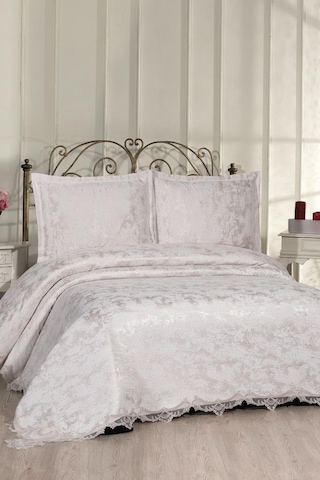 Çeyiz Diyarı Fransız Dantelli Edge Çift Kişilik Yatak Örtüsü 230x250 Cm Krem