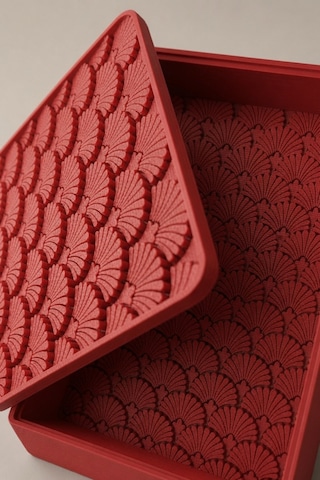 Desenli Kapaklı Dekoratif Kutu Masa Üstü Organizer Takı Aksesuar Saklama Kutusu Pla 20x12.5 Cm Kırmızı