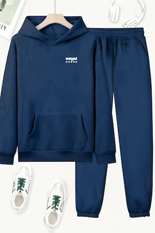 Unisex Lacivert Mini Wanted Baskılı Eşofman Kapüşon- Kışlık Şardonlu Kumaş Lacivert