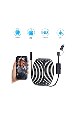 Endoskop Yılan Video Kamera Apple İos Uyumlu Ve Android Led Li 10 Metre 8 Mm Sert Kablo 2mp Evimdeyokyok