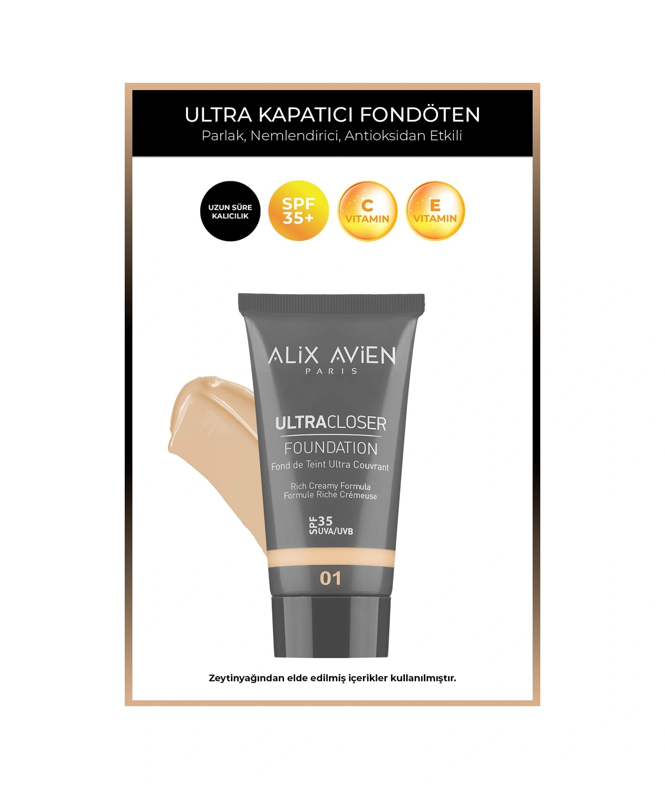 Alix Avien Ultra Kapatıcı Nemlendirici SPF35+ Faktör Ve E & C Vitaminli Fondöten Ultracloser Foundation 01