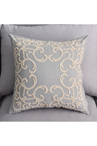 Sones Pamuklu Kordon Nakışlı Yastık Minder Kılıfı Çekirdeksiz, Boyut: 50x50cm Gri