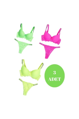 Murays Kadın 3lü Taşlı Mikro Sütyen Takım Yeşil/pembe/sarı