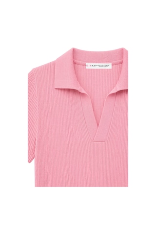 Mixray 2091 Kadın Polo Yaka Fitilli Kısa Kollu Triko Bluz Pembe