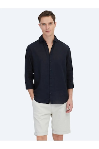 Siyah Düz Dokuma Casual Pamuk Karışımlı Gömlek Siyah