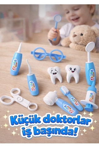 Dişçi Minikler - Mavi Çantalı 10 Parça Alet Ve Ekipmanlı 2 Tane Büyük Dişli Eğitici Oyuncak Seti 1