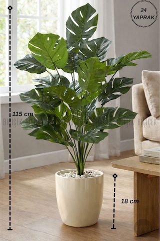 Biçiçek Yapay Monstera Deve Tabanı Yakut Saksıda Bej - Beyaz