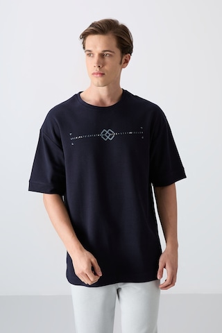 Tommy Life Lacivert Pamuklu Kalın Yumuşak Dokulu Oversize Fit Baskılı Erkek T-shirt - 88323 Lacivert