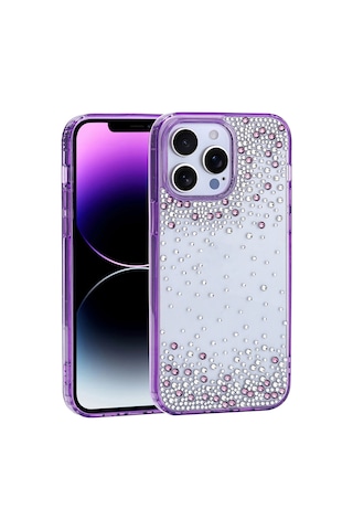 Apple Uyumlu iPhone 14 Pro Max Kılıf Kamera Yükseltili Simli Damla Taşlı Silikon Ata Pro Tech Siyah