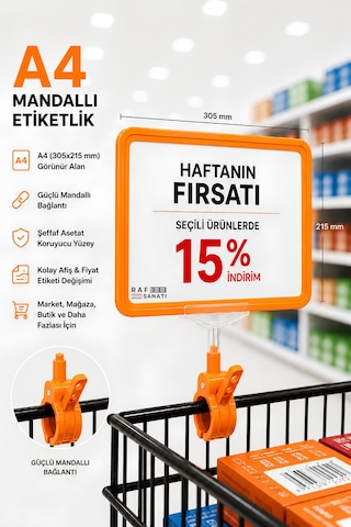 A4 Mandallı Fiyatlık Etiketlik Sepet Raf Askılık Fiyat Etiketi Çerçeveli Market Mağaza Turuncu