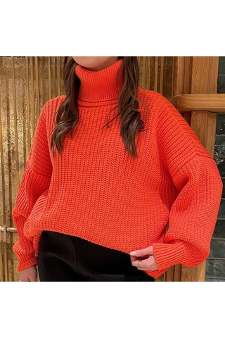 Vintage Büyük Boy Örme Kazak Kadın Zarif Kalın Gevşek Kazak Kazaklar Kadın Kore Balıkçı Yaka Düz Örgü Üst Turuncu