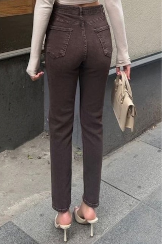 Balenbi Kadın Yüksek Bel Yıkamalı Mom Jean Likralı Kot Pantolon 1244 Kahverengi W129