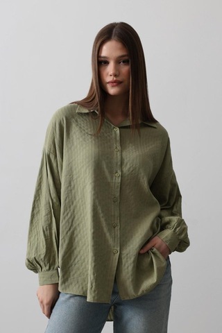 Çizgili Uzun Kol Gömlek - Haki Karışık Çok Renkli