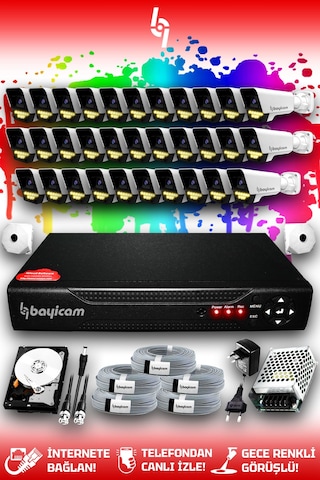 Bayicam 32 Kameralı Süper 32 Dış Kamera Set 500 GB 5 MP 2K Renkli Gece Görüşlü Güvenlik Kamerası Sistemi