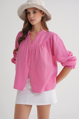 4733 Kadın Büzgü Robalı Uzun Kol Müslin Gömlek Pembe Pembe