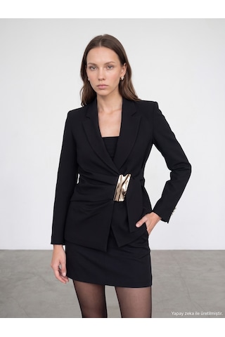 Dilvin 60824 Gold Aksesuar Detaylı Kruvaze Blazer Siyah