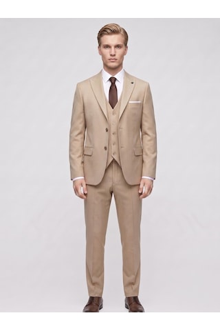 Tk6896 Erkek 3 Parça Slim Fit Çift Yırtmaçlı Takım Elbise Yelekli Şık Klasik Takım 6 Drop Camel