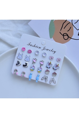 Chavin Çocuk Genç 12 Çift Mineli Figür Küpe Seti es95 Çok Renkli